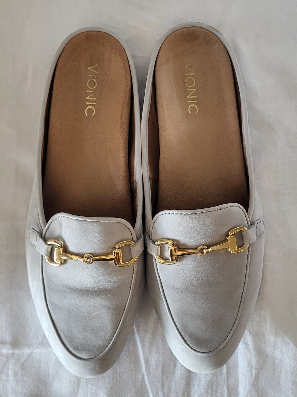 Vionic Gray Velvet Slip-On Mule Loafers with Gold Bit Accent